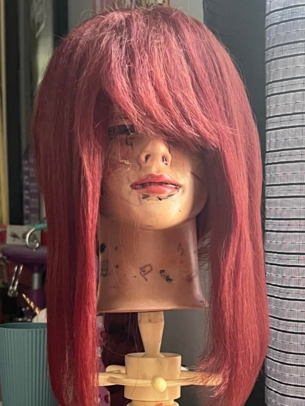 Women's 26 Inch Copper Red Wavy Layered Wig Curtain Bang Butterfly Haircut Style